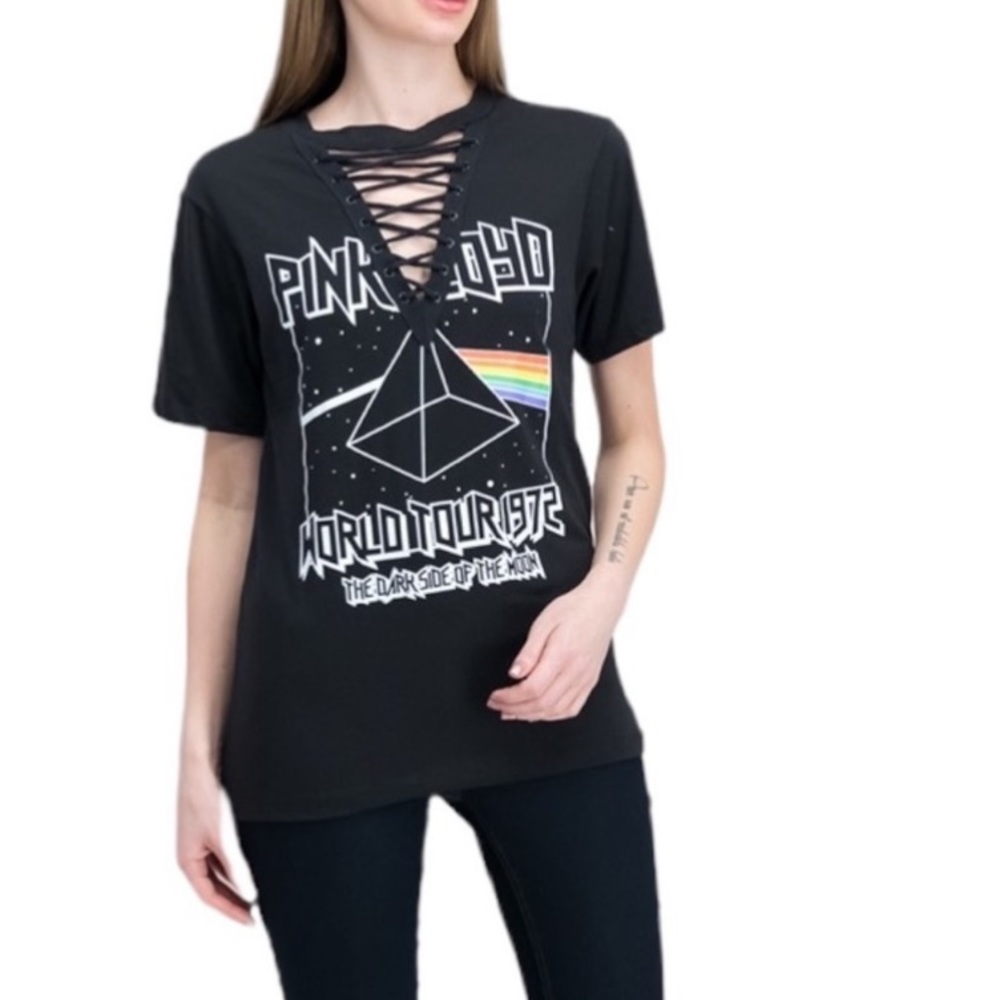 Pink Floyd World Tour 1972 Dark Side of the Moon Crisscross Cut Out Top Shirt S